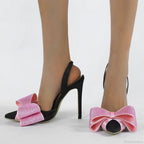 Spring Summer Slingback Sandals Crystal Bowknot Pointed-Toe High-Heels Wedding Prom Ladies High Heel