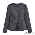 Spring V Collar White Plaid Woven Tweed Slim Waist Single-Breasted Button Slit Blazer