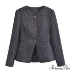 Spring V Collar White Plaid Woven Tweed Slim Waist Single-Breasted Button Slit Blazer