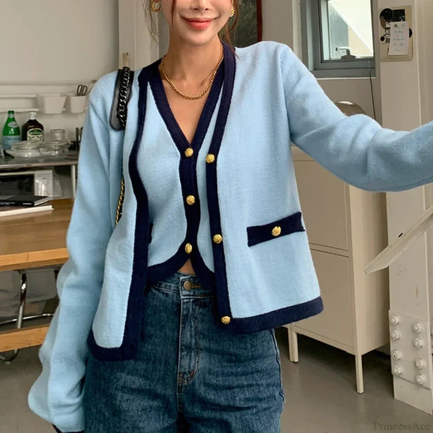 Spring V-neck Long Sleeve Knitted Cardigan
