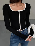 Square Neck Contrast Trim Long Sleeve Knit Shirt