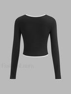 Square Neck Contrast Trim Long Sleeve Knit Shirt