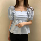 Square Neck Puff Sleeve Casual Pleated White Blouse