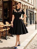 Women's 1950s Vintage Swing Dress Mesh Contrast Collar Button Front Midi Dress