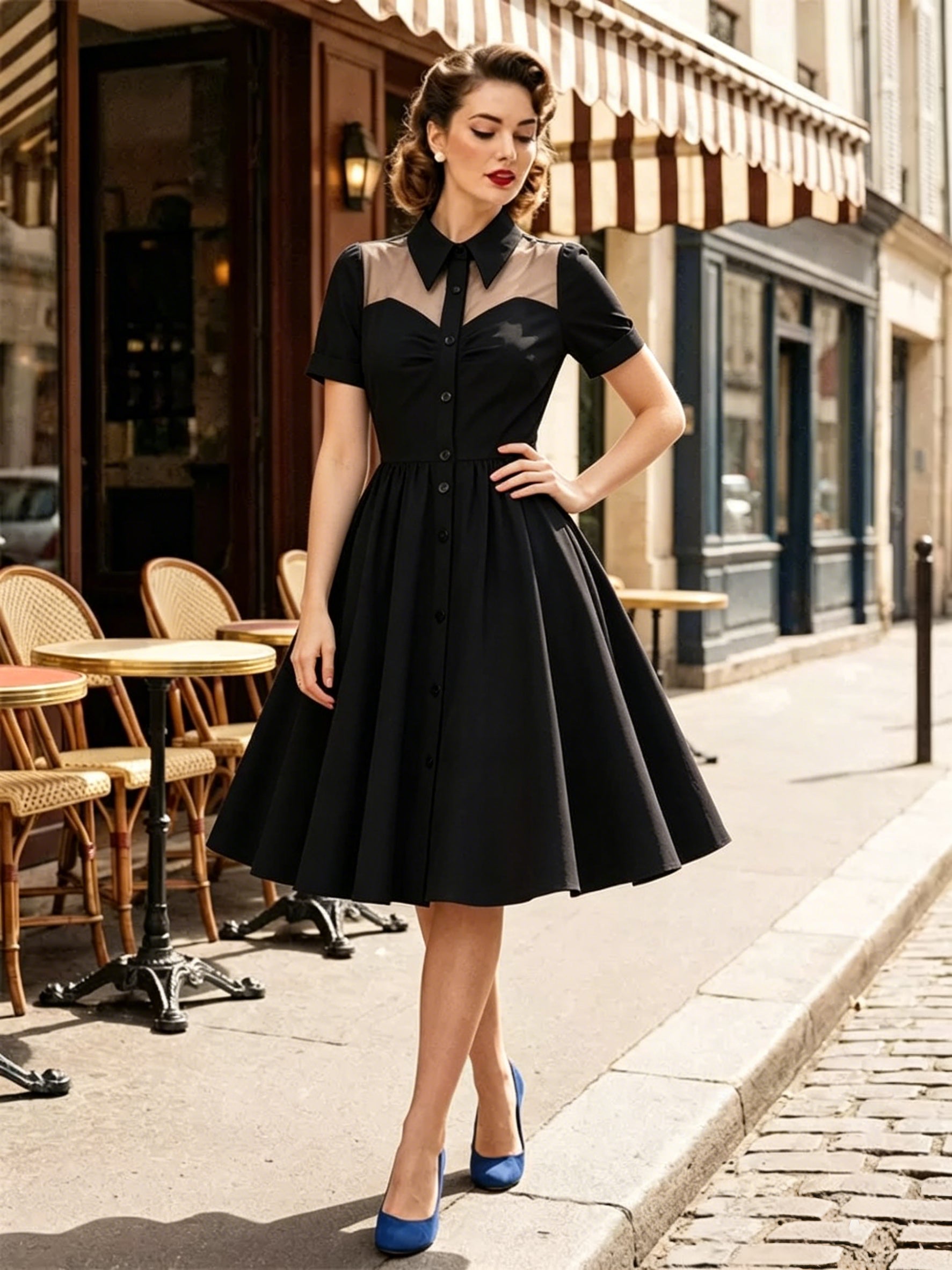 Women's 1950s Vintage Swing Dress Mesh Contrast Collar Button Front Midi Dress