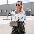 Stand Collar Floral Print Lantern Sleeve Blouse