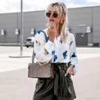 Stand Collar Floral Print Lantern Sleeve Blouse