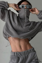Stand Collar Polar Fleece Short Drawcord Sweatshirt