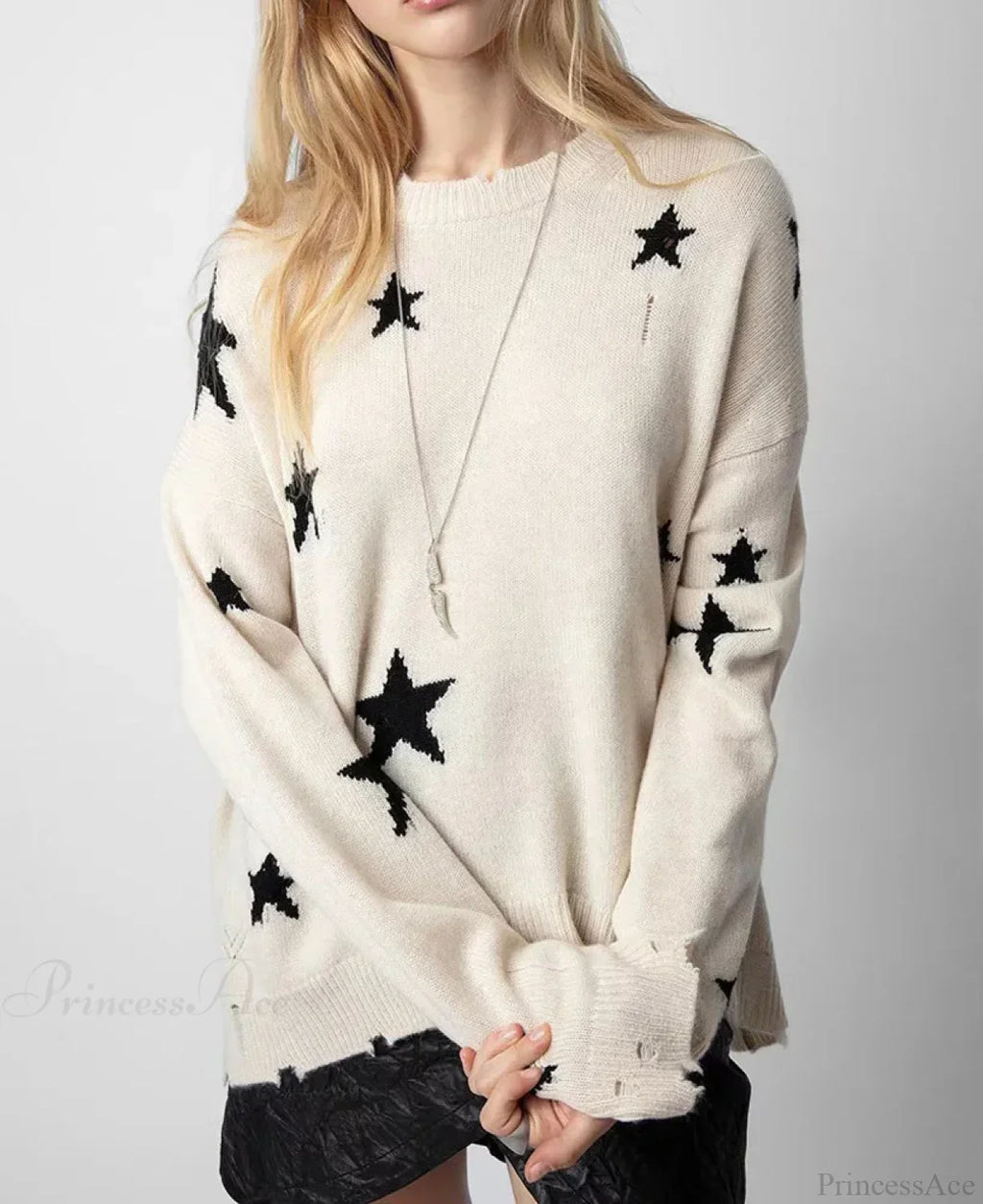 Star Ripped Cashmere Knit Pullover Casual Long Sleeve Knit Top