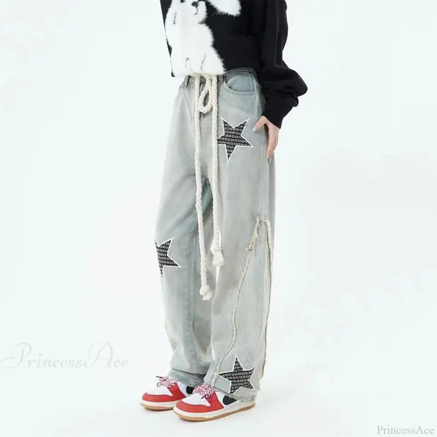 Stars Embroidery High Waist Jeans Pants
