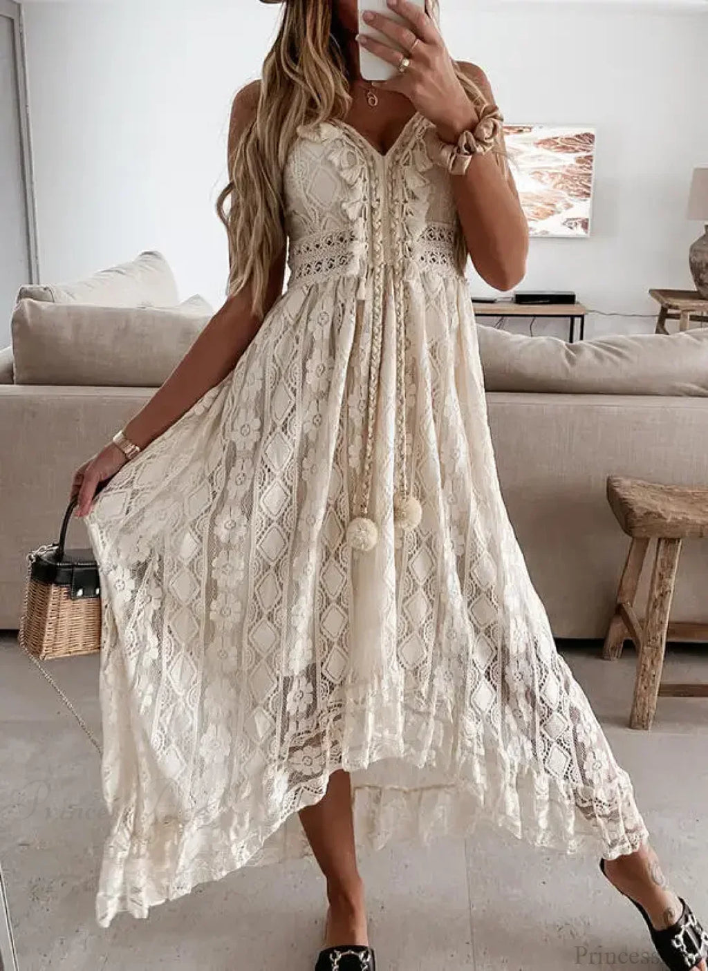 Strap Sleeveless Deep V-neck Tassel Lace Maxi White Boho Dress