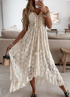 Strap Sleeveless Deep V-neck Tassel Lace Maxi White Boho Dress
