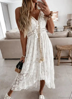 Strap Sleeveless Deep V-neck Tassel Lace Maxi White Boho Dress