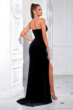 Strapless Beaded Slit Solid Evening Dress