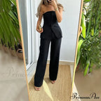 Strapless Button Top Long Pants Slim Party Sleeveless Suit