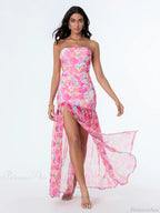 Strapless High Slit Mesh Hem Floral Dress