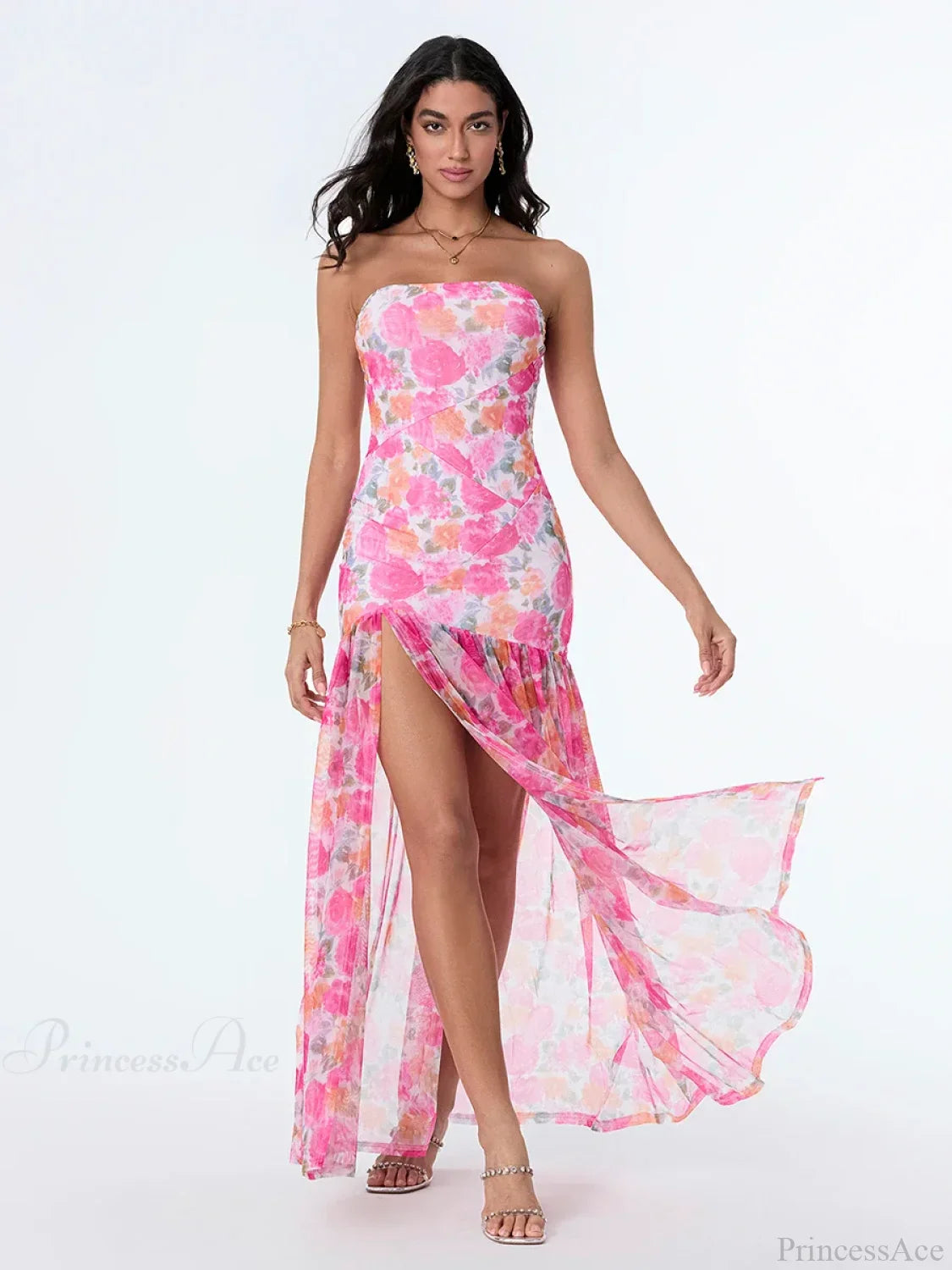 Strapless High Slit Mesh Hem Floral Dress