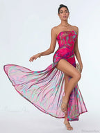 Strapless High Slit Mesh Hem Floral Dress