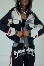 Street Style Denim Paneled Slim Fit Jacket Pants Two Piece Set