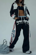 Street Style Denim Paneled Slim Fit Jacket Pants Two Piece Set