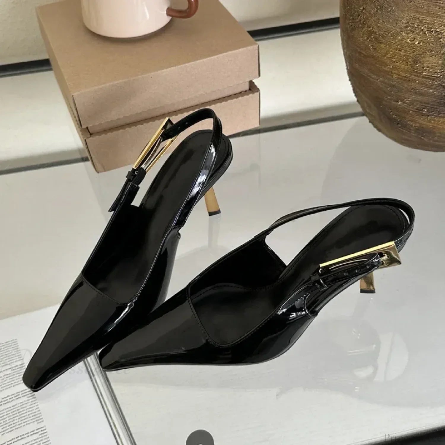 Street Style Sexy Pointed Metal Buckle Strap Slingback Square Toe Low Heel Pump
