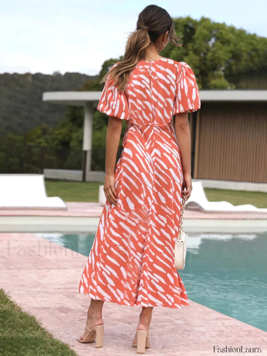 Orangered Stripe Pattern Cutout Long Dress