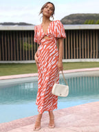 Orangered Stripe Pattern Cutout Long Dress