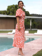Orangered Stripe Pattern Cutout Long Dress