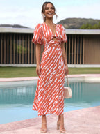 Orangered Stripe Pattern Cutout Long Dress