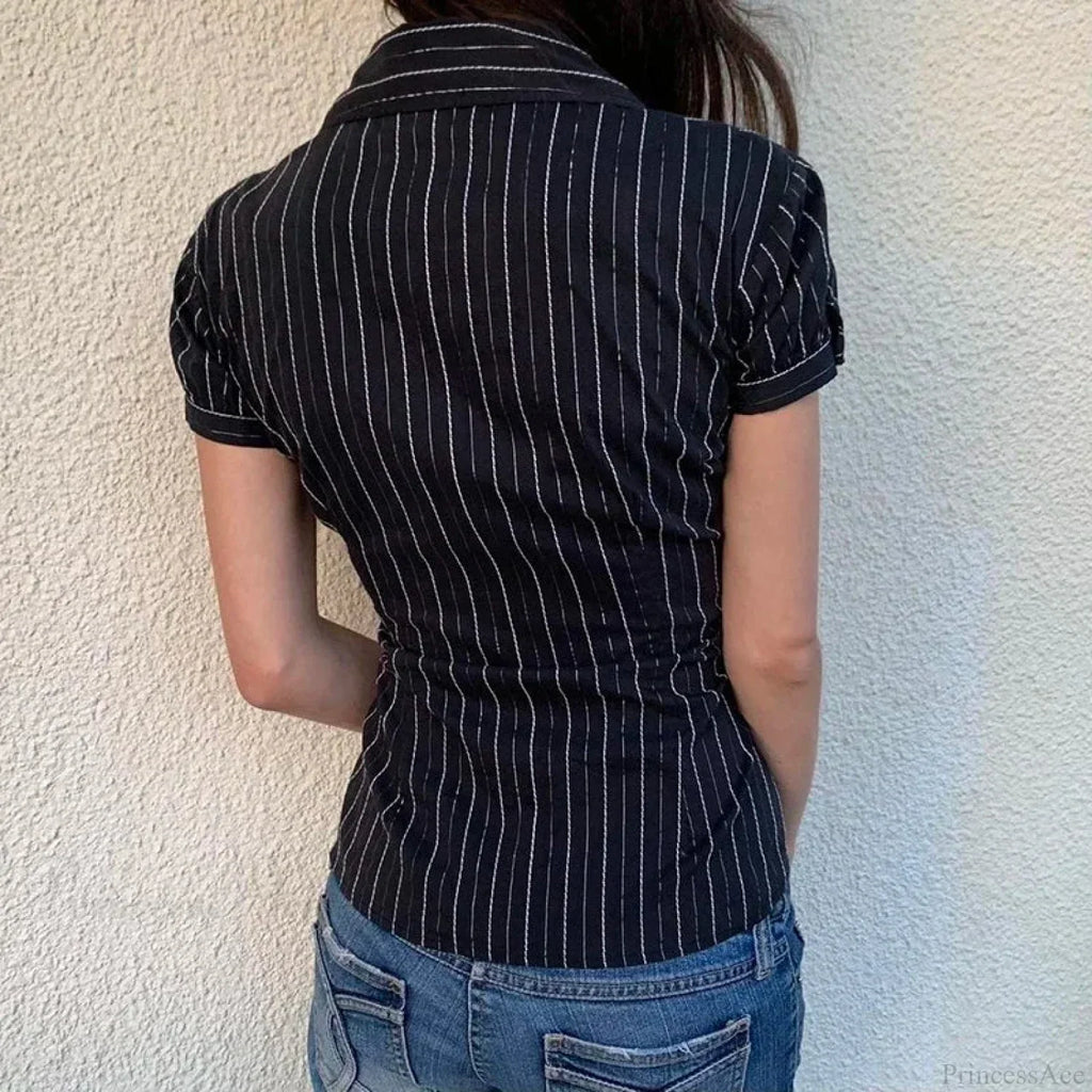 Striped Button-Up Collar Blouse