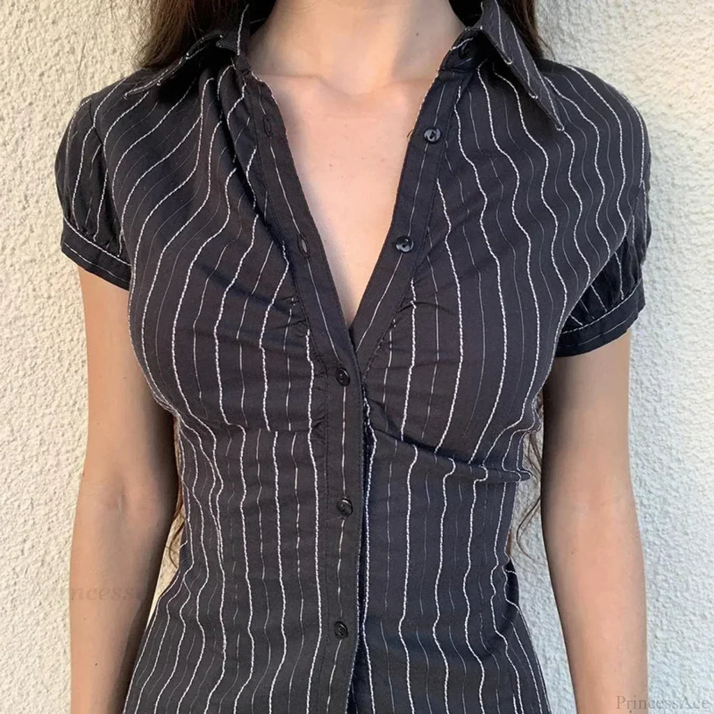 Striped Button-Up Collar Blouse