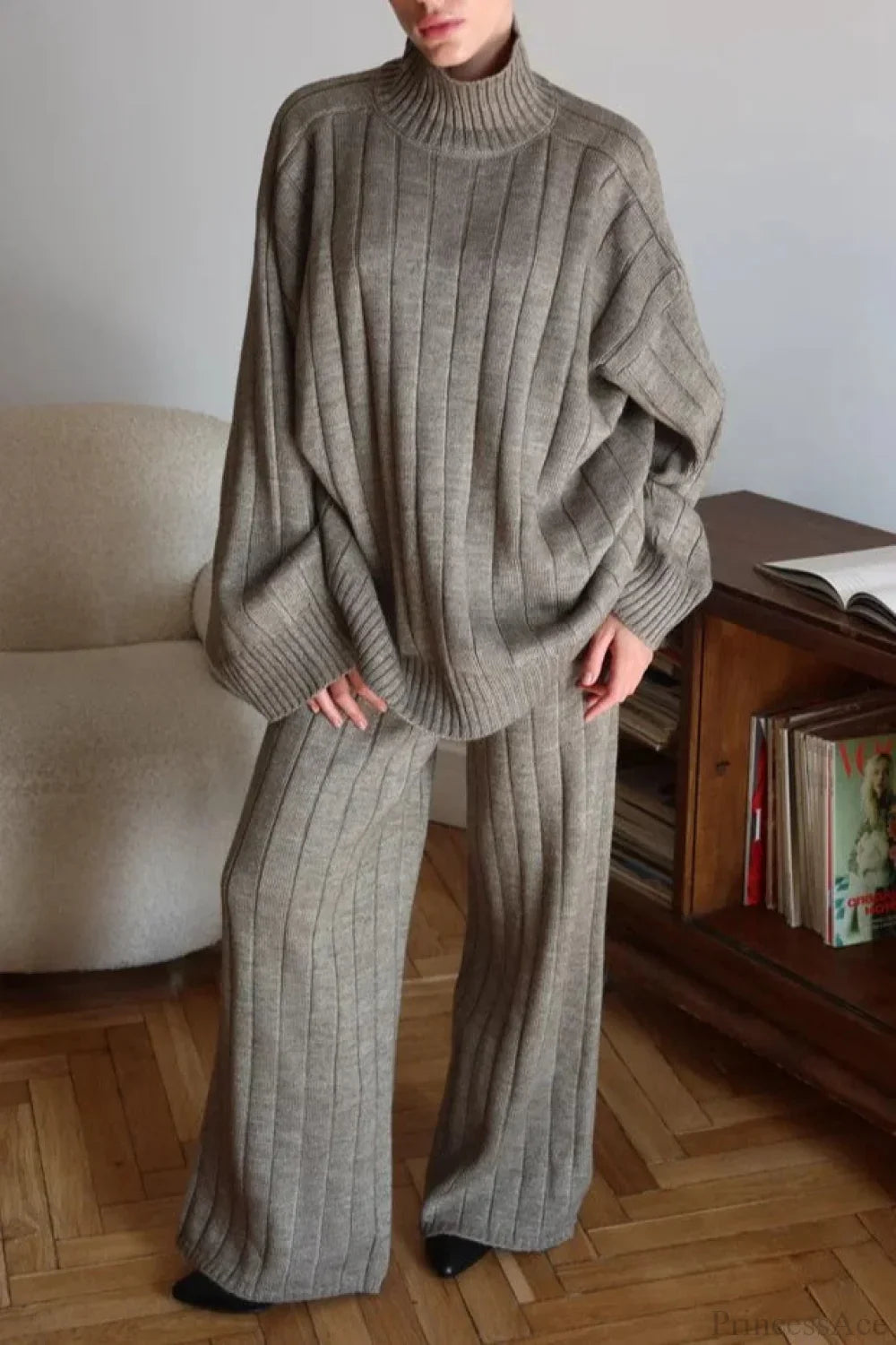 Striped Knit Elegant Sweater Wide-Leg Pants Two Piece Set
