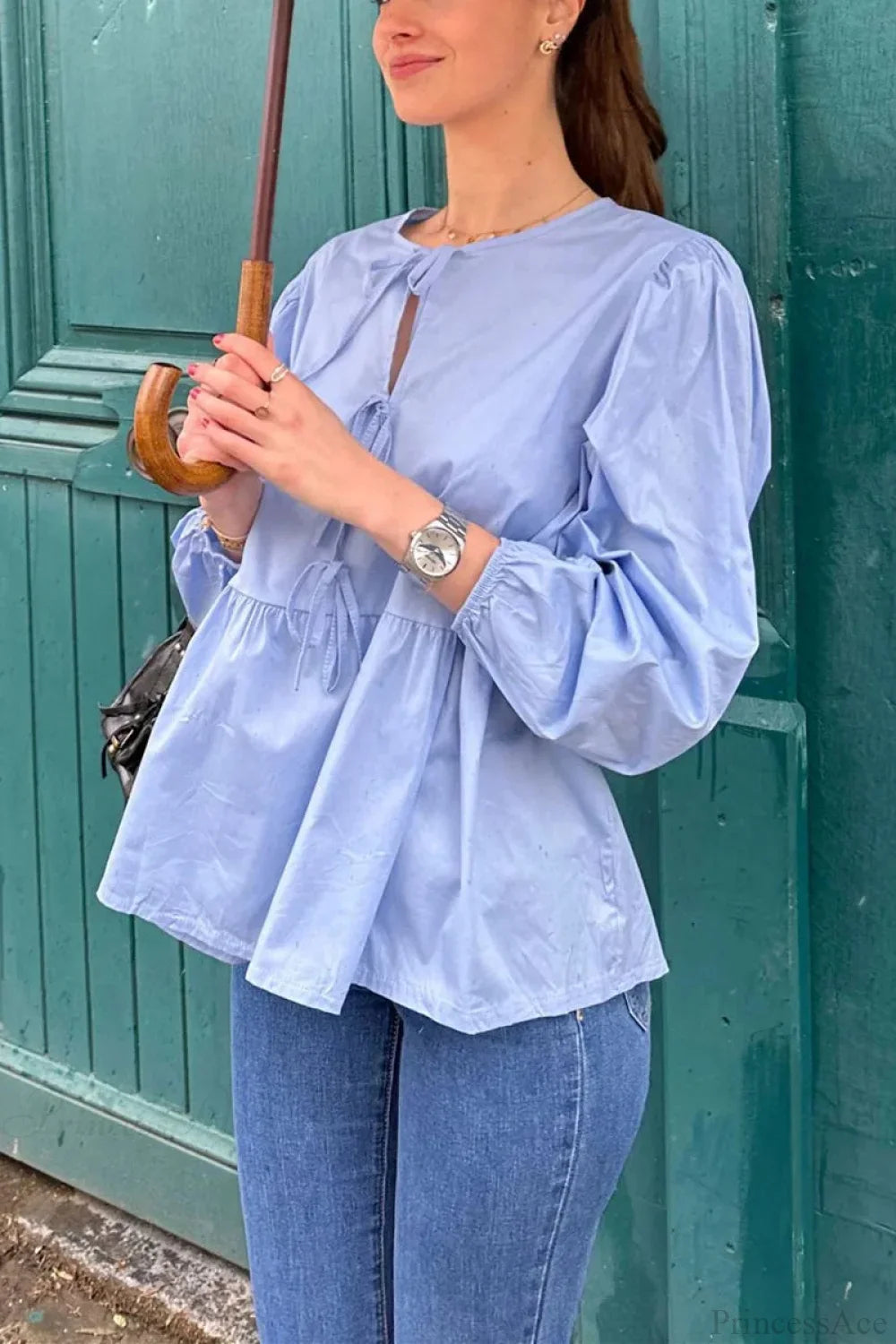 Striped Loose Fit Lace-Up Round Neck Blouse
