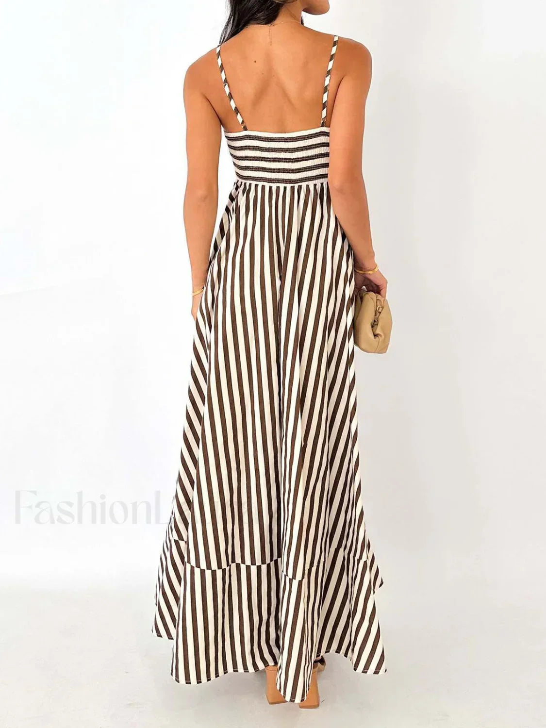Light Brown Striped Pleated Cami Long Dress