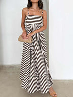 Light Brown Striped Pleated Cami Long Dress