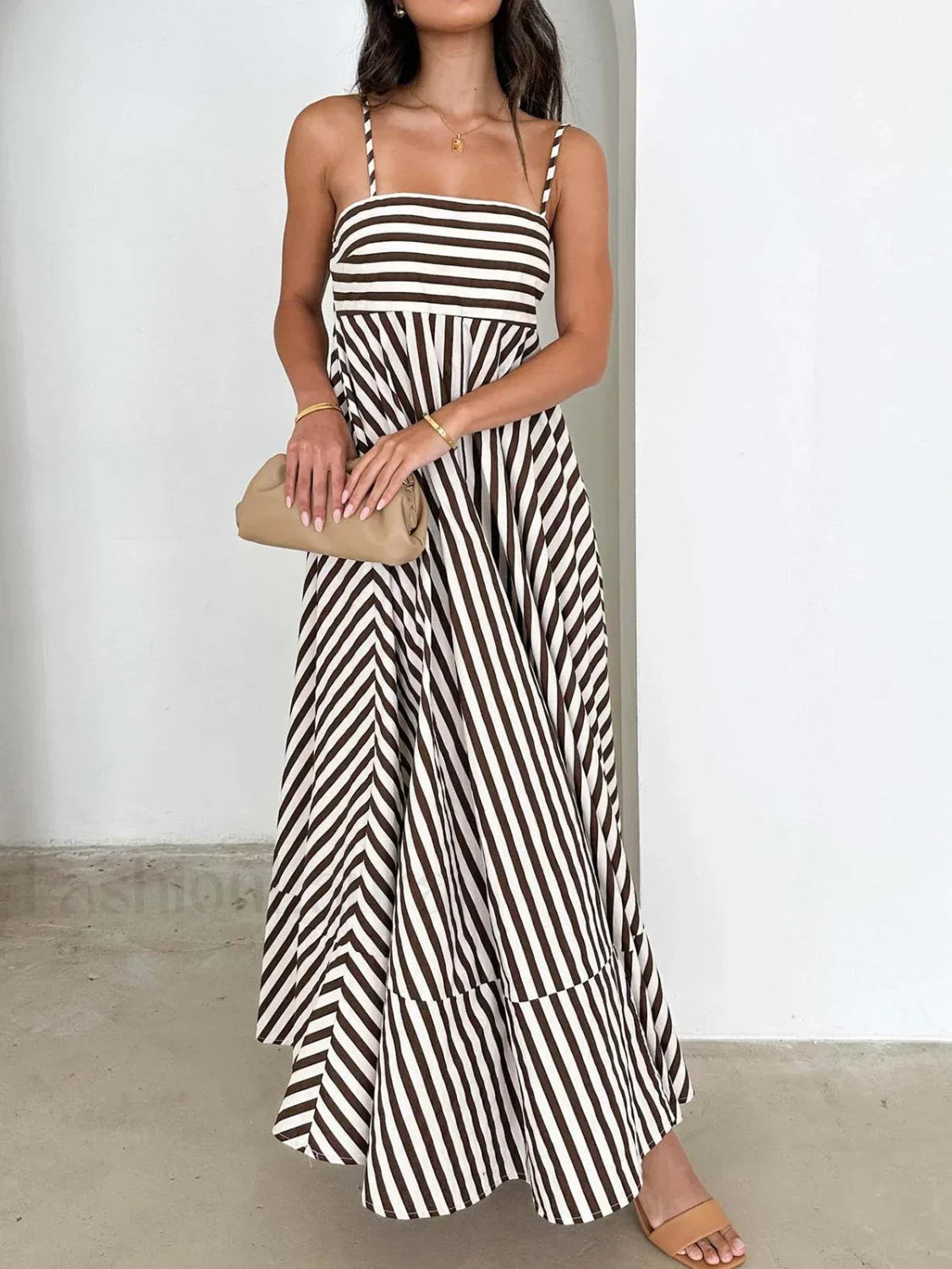 Light Brown Striped Pleated Cami Long Dress