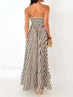 Light Brown Striped Pleated Cami Long Dress
