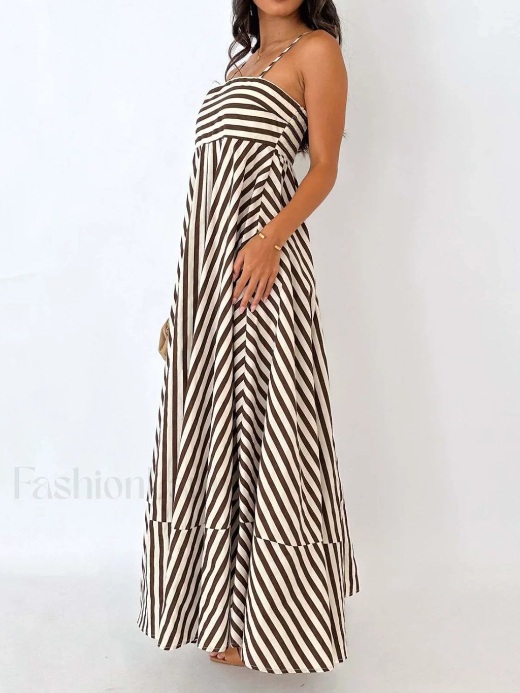 Light Brown Striped Pleated Cami Long Dress