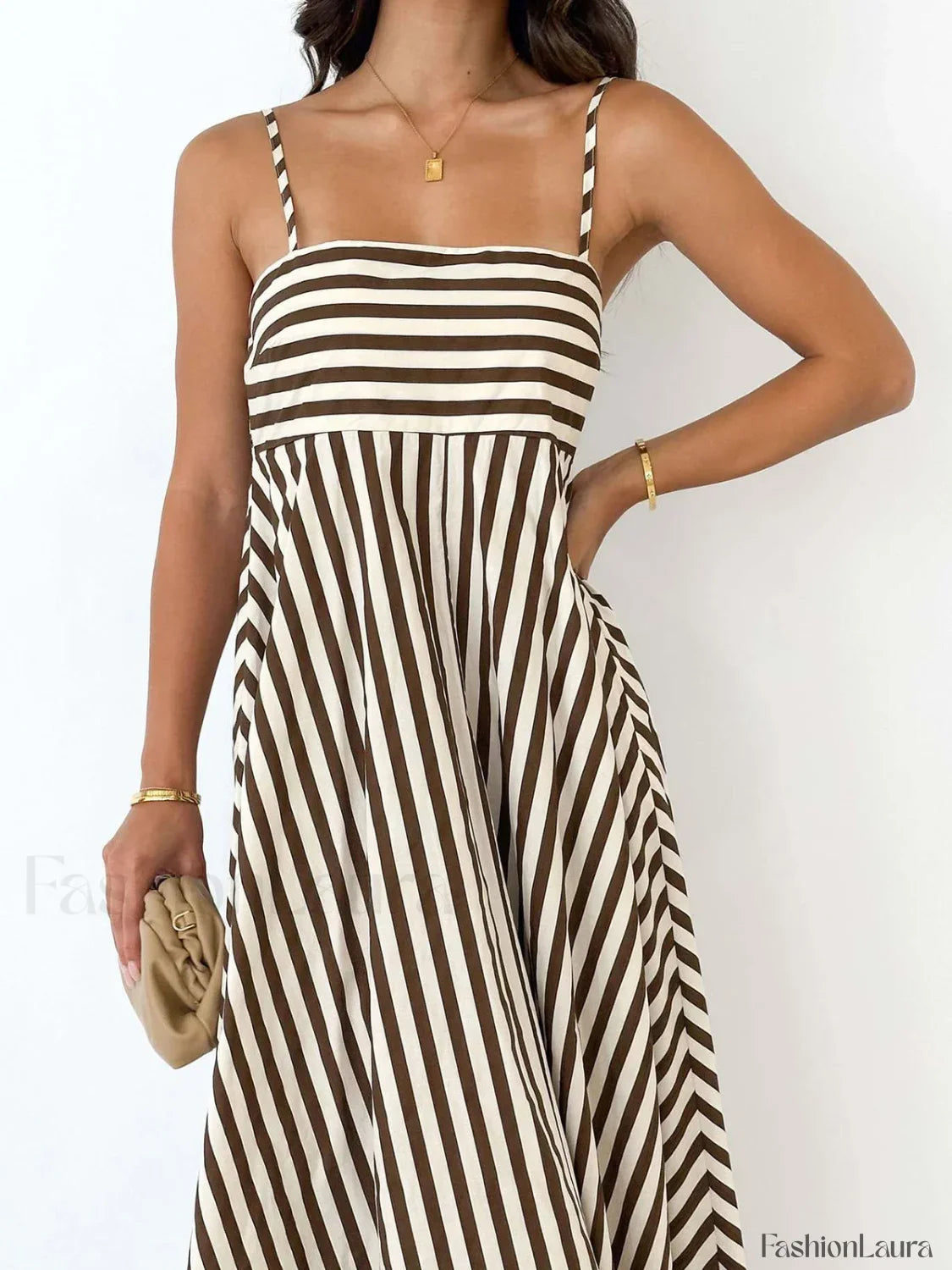 Light Brown Striped Pleated Cami Long Dress