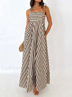 Light Brown Striped Pleated Cami Long Dress