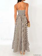 Light Brown Striped Pleated Cami Long Dress