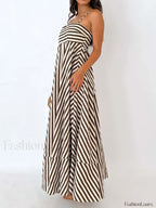 Light Brown Striped Pleated Cami Long Dress