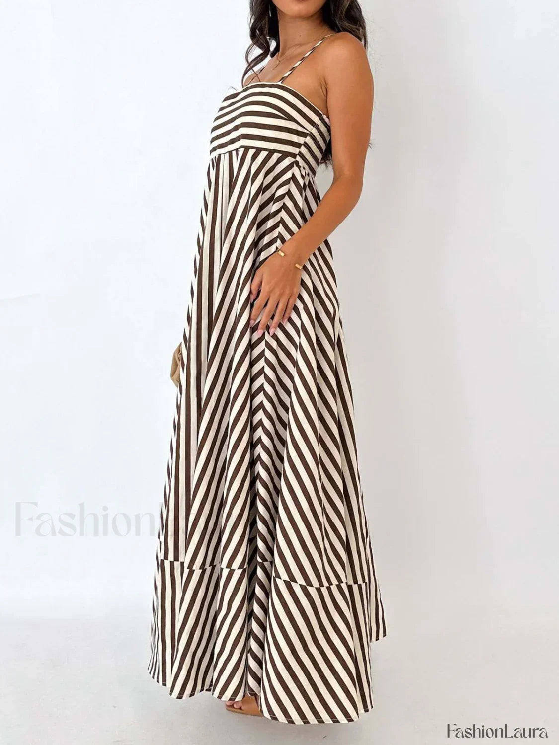 Light Brown Striped Pleated Cami Long Dress