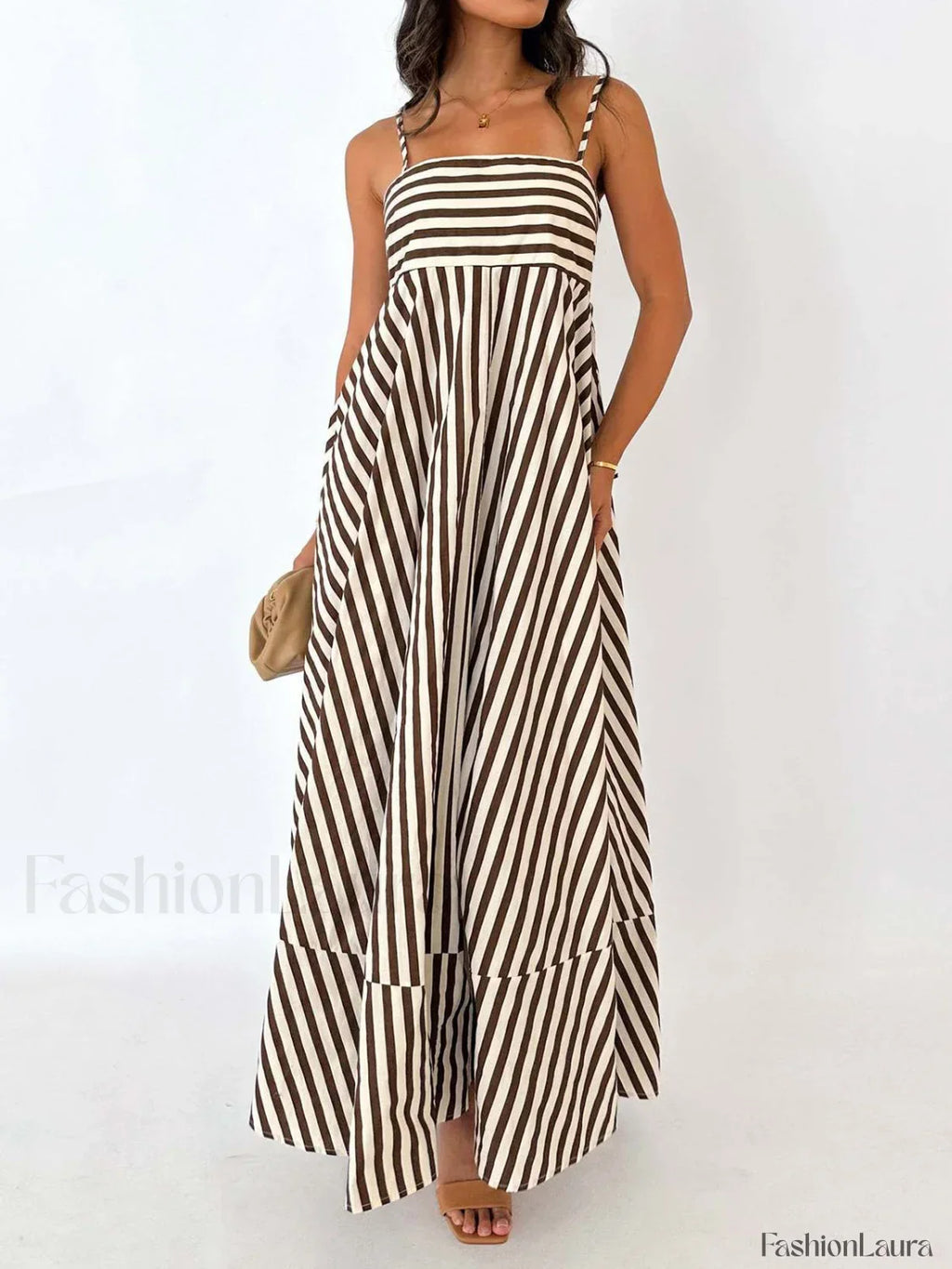 Light Brown Striped Pleated Cami Long Dress