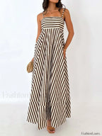 Light Brown Striped Pleated Cami Long Dress