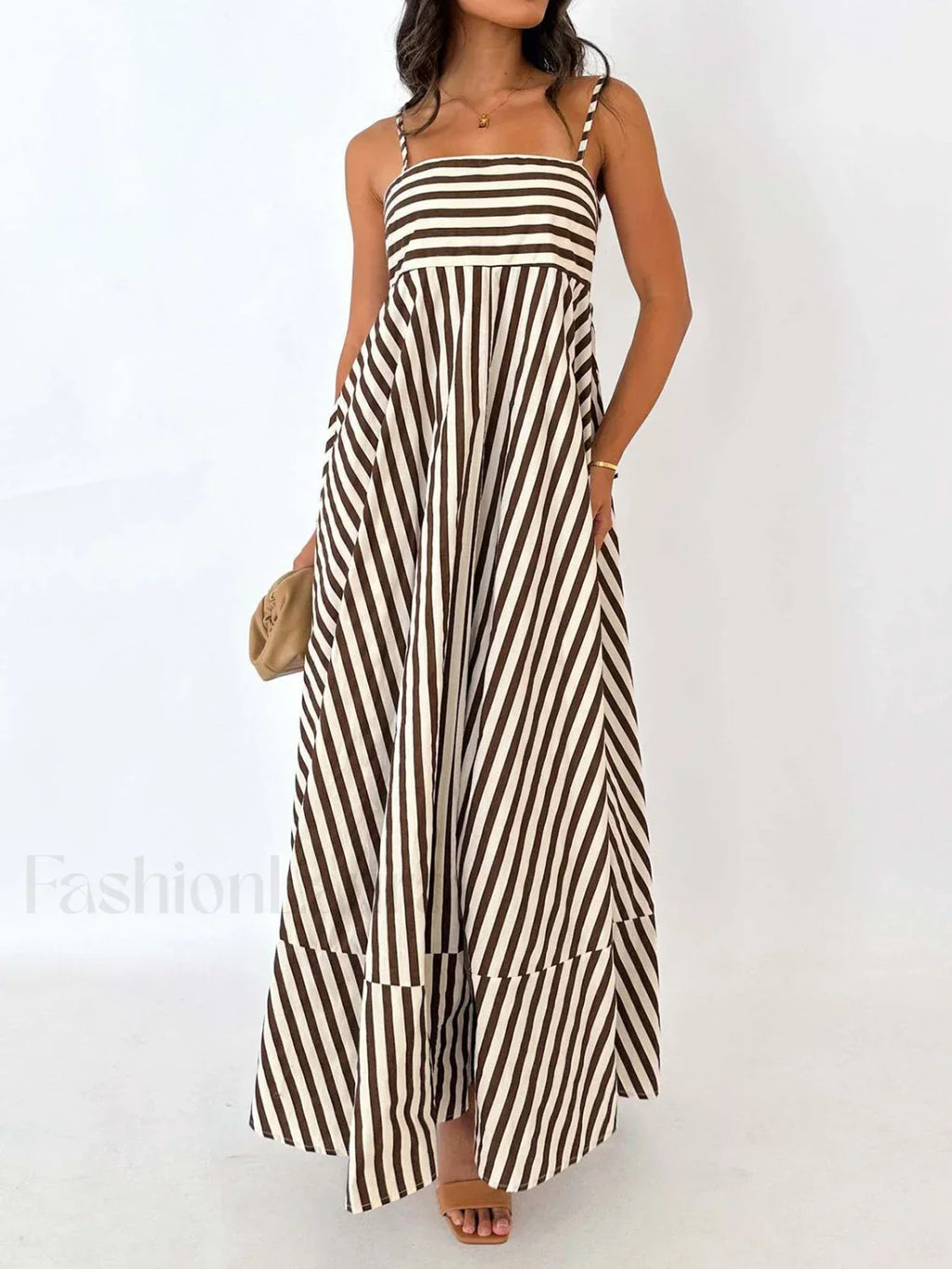 Light Brown Striped Pleated Cami Long Dress