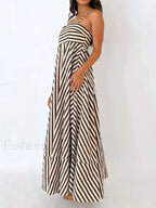 Light Brown Striped Pleated Cami Long Dress
