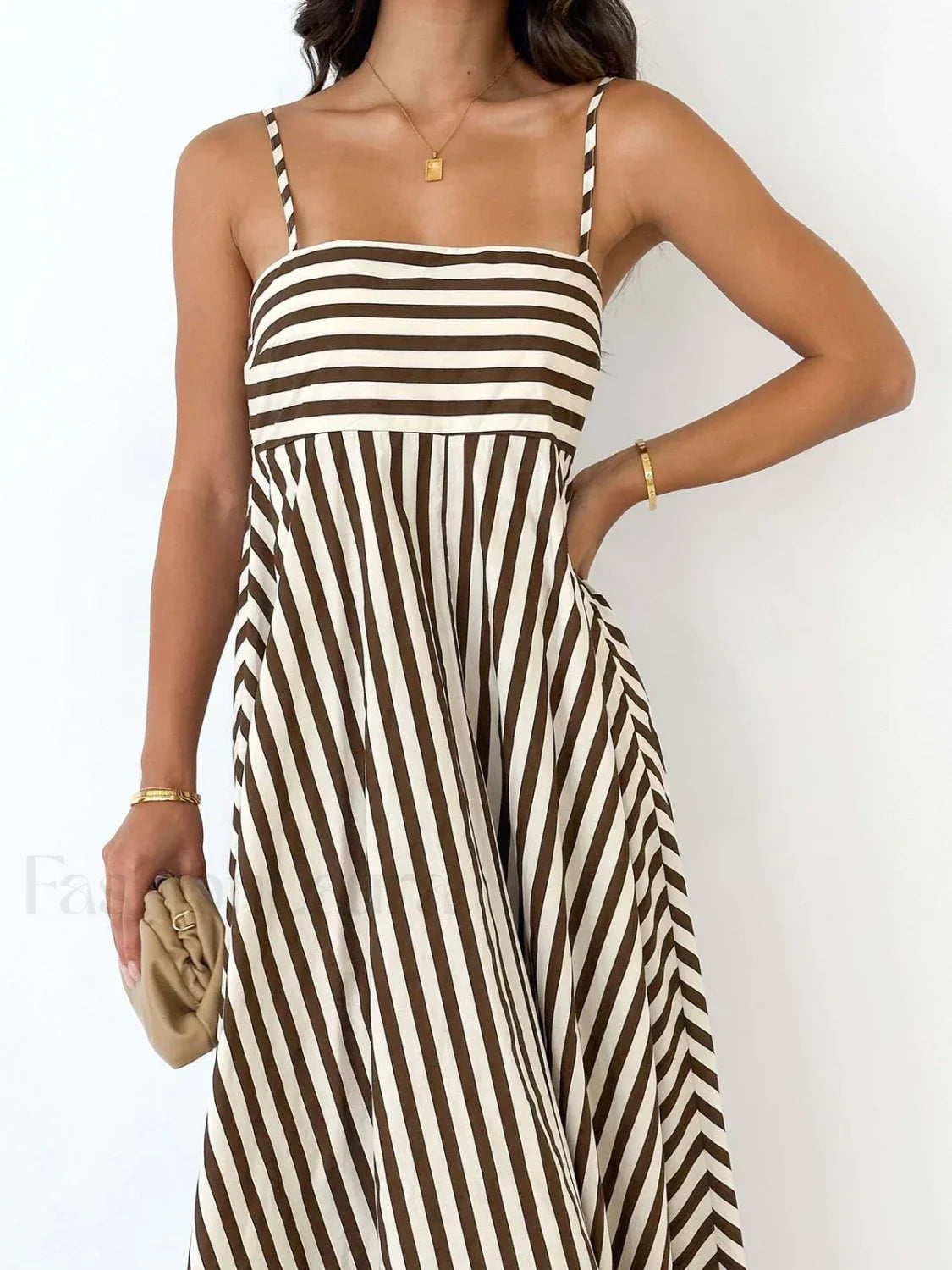 Light Brown Striped Pleated Cami Long Dress