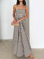 Light Brown Striped Pleated Cami Long Dress