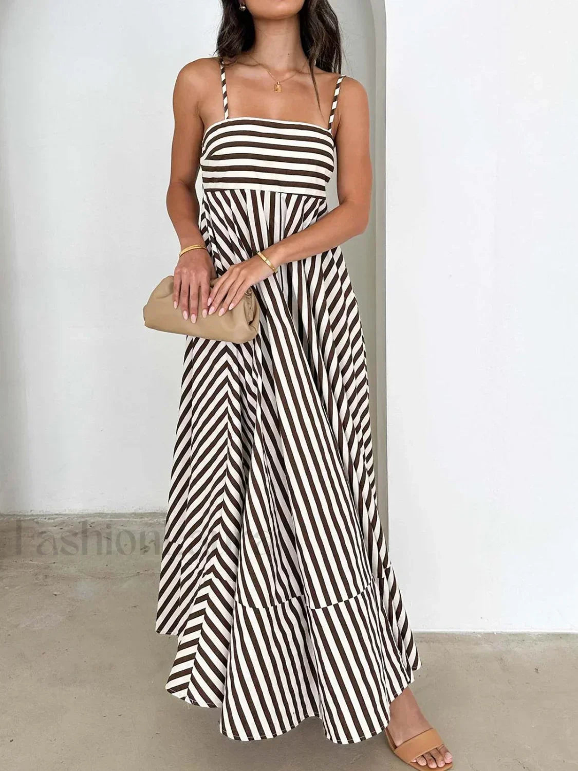 Light Brown Striped Pleated Cami Long Dress